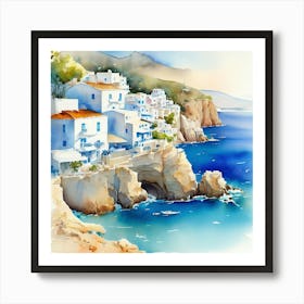 Watercolor Of Greece.Summer on a Greek island. Sea. Sand beach. White houses. Blue roofs. The beauty of the place. Watercolor. Art Print