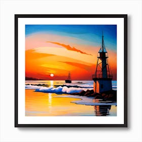 Lighthouse At Sunset Art Print