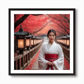 Asian Woman In Red Kimono Art Print