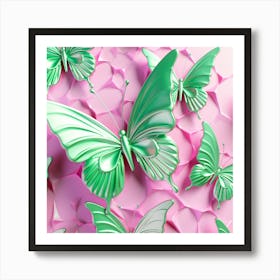 Green Butterflies On Pink Background Art Print
