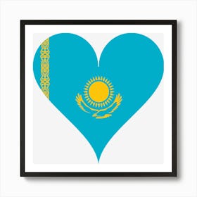 Kazakhstan Heart Love Flag Sun Sky Blue Nature Weave Pattern Heart Shaped Golden Eagle Art Print