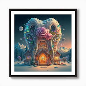 , a house in the shape of giant teeth made of crystal with neon lights and various flowers 9 Art Print