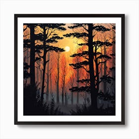 Sunset In The Forest 5,   Forest bathed in the warm glow of the setting sun, forest sunset illustration, forest at sunset, sunset forest vector art, sunset, forest painting,dark forest, landscape painting, nature vector art, Forest Sunset art, trees, pines, spruces, and firs, orange and black.  Art Print