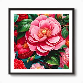 Crimson Camellia in Morning Dew Art Print