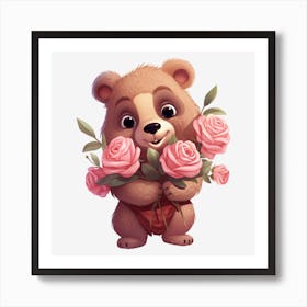 Teddy Bear With Roses Art Print