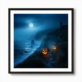 Ghostly Jack O Lanterns Glowing Eerily Beside A Winding Coastal Path Mist Hovering Over The Ocean (1) Art Print