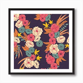 Flower Pattern On Purple Square Art Print