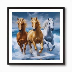 White, Brown,Golden Horses Running In The Beach Art Print