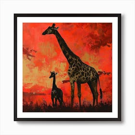 Giraffe & Calf In The Sunset Red Brushstrokes 1 Art Print