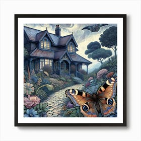 Woodcut Butterfly in Cottage Garden I Art Print