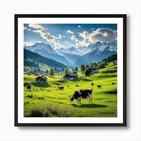 Alpine Pastoral Landscape Cows Grazing On Lush Green Slopes Snow Capped Mountains In The Distance (5) Art Print