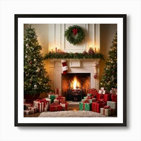 A Convivial Christmas Scene A Roaring Hearth Fireplace Illuminating The Room A Lush Evergreen Chri Art Print