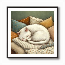 White Cat Sleeping On Pillows Art Print