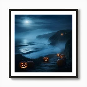 Ghostly Jack O Lanterns Glowing Eerily Beside A Winding Coastal Path Mist Hovering Over The Ocean 2 Art Print