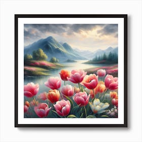 Tulips By The Lake Art Print