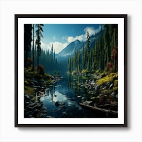 Lake In The Mountains,Majestic mountain peak reflects tranquil autumn beauty in nature Art Print