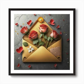 An open red and yellow letter envelope with flowers inside and little hearts outside 11 Art Print