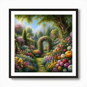 Realistic Oil Painting Of A Lush Garden Bursting With Colorful Flowers And Greenery, Style Realistic Oil Painting 1 Art Print