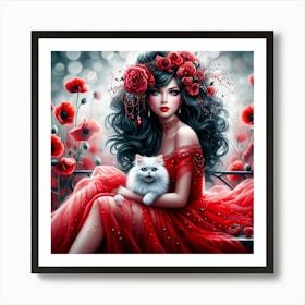 Poppy Girl With Cat Art Print