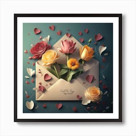 An open red and yellow letter envelope with flowers inside and little hearts outside 5 Art Print