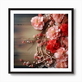 Pink Flowers On Wooden Background Art Print