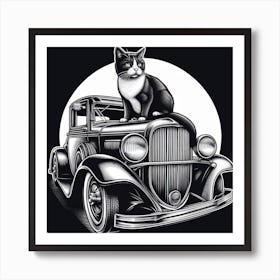 Classic Car and Cat: A Nostalgic and Classic Black and White Photograph of a Classic Car with a Cat on the Hood Art Print