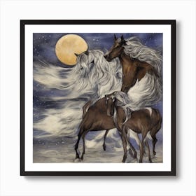 Three Horses In The Moonlight Art Print