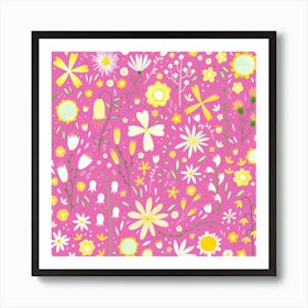 Yellow and White Wild Flowers on Pink Art Print