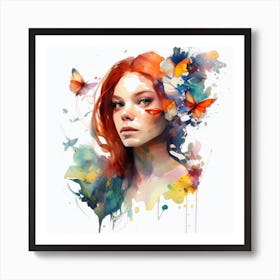 Watercolor Floral Red Hair Woman #11 Art Print