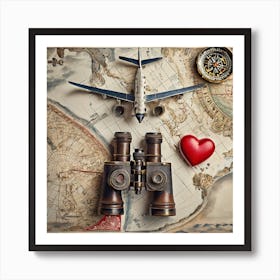 Firefly A Paris, France Vintage Travel Flatlay, Binoculars, Small Red Heart, Map, Stamp, Flight, Air (3) Art Print