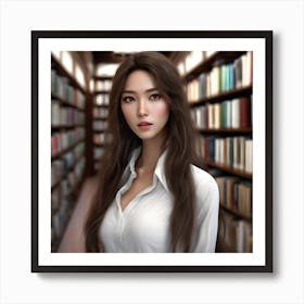 Asian Girl In Library Affiche