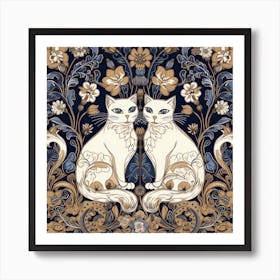 William Morris  Inspired  Classic Cats Blue And Gold Square Art Print
