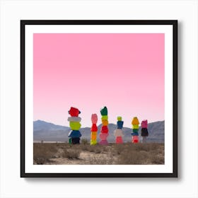 Seven Magic Mountains With Pink Sky In Las Vegas Square Art Print