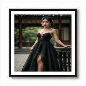 Asian Woman In Black Dress Art Print