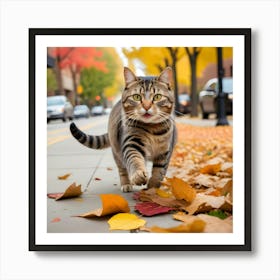 Cat Walking In Autumn Leaves 3 Art Print