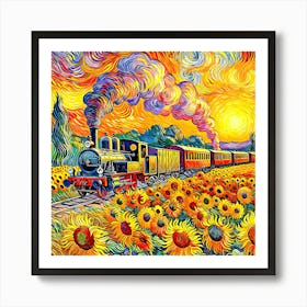 Sunflower And Train Art Print