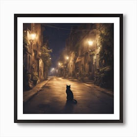 Cat In The Street At Night Art Print