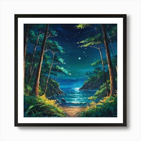 Moonlit Coastal View Through a Forest Path at Night Art Print