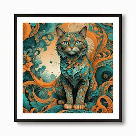 Cat In Blue And Orange Art Print