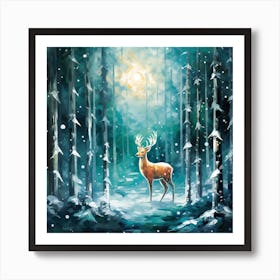 Deer In The Winter Forest Art Print