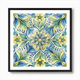 Watercolor Tile With Floral Design In Blue And Yellow Art Print