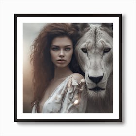 Portrait Of A Woman With A Lion Art Print