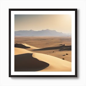 Vast desert with sand dunes and a lone oasis in the distance, hot sun and clear blue sky, peaceful, serene, desertscape, high resolution Art Print
