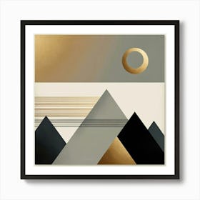 "Geometric Eclipse over Mountain Peaks"  "Geometric Eclipse over Mountain Peaks" captures the stunning moment of an eclipse over a range of stylized mountains. The artwork's contrasting textures and the luxurious gold and grey tones create an aura of elegance and modernity, making it a perfect statement piece for any contemporary art lover or interior design aficionado. Art Print