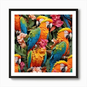 Colorful Parrots And Flowers Art Print