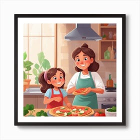 Mother And Daughter Making Pizza In The Kitchen Art Print