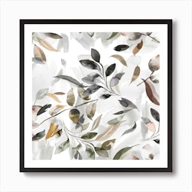 Watercolour Leaves Neutral Gray Square Art Print