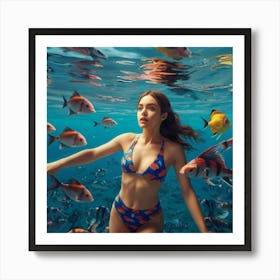 Beautiful Woman Surrounded By Fish Art Print