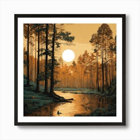 Sunset Over The River In The Woods Art Print