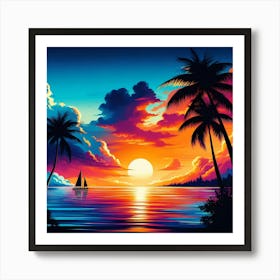 Sunset With Palm Trees Art Print